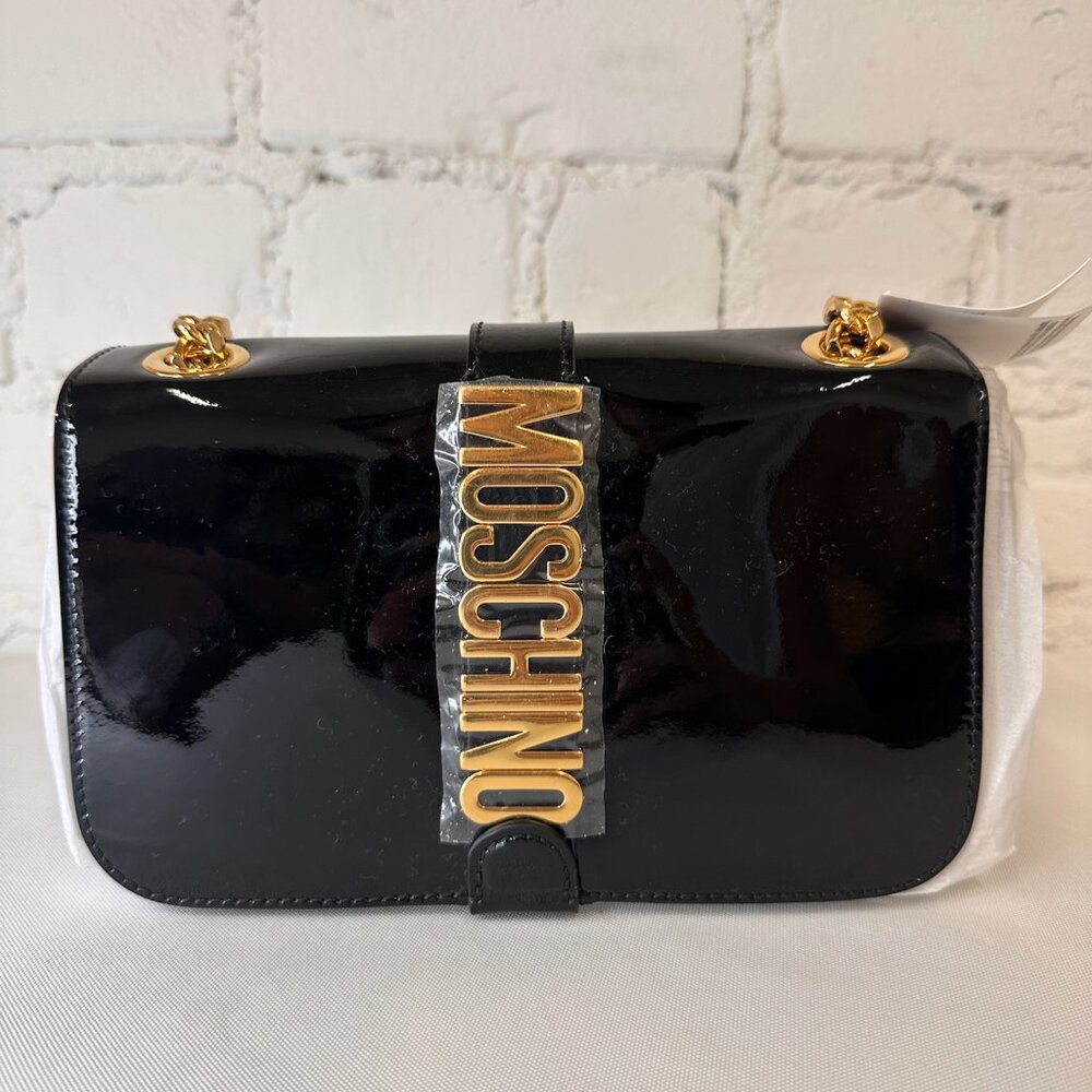 AW22 MOSCHINO Couture Jeremy Scott Black Vertical Logo Leather Shoulder Bag